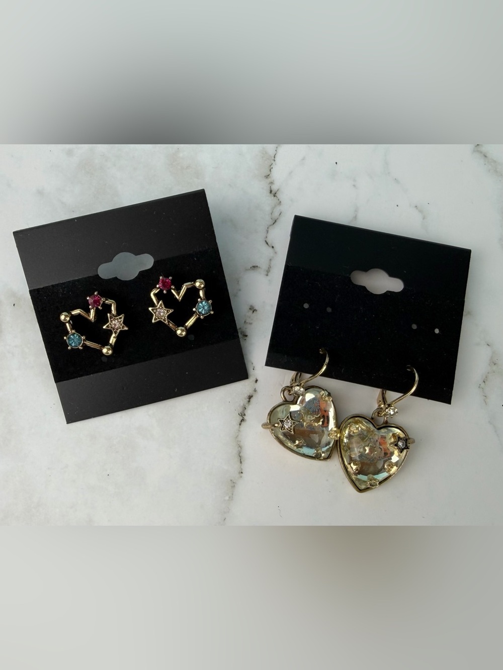 Betsey Johnson Celestial Heart Earrings Set - Lucite Drop & Rhinestone Stud